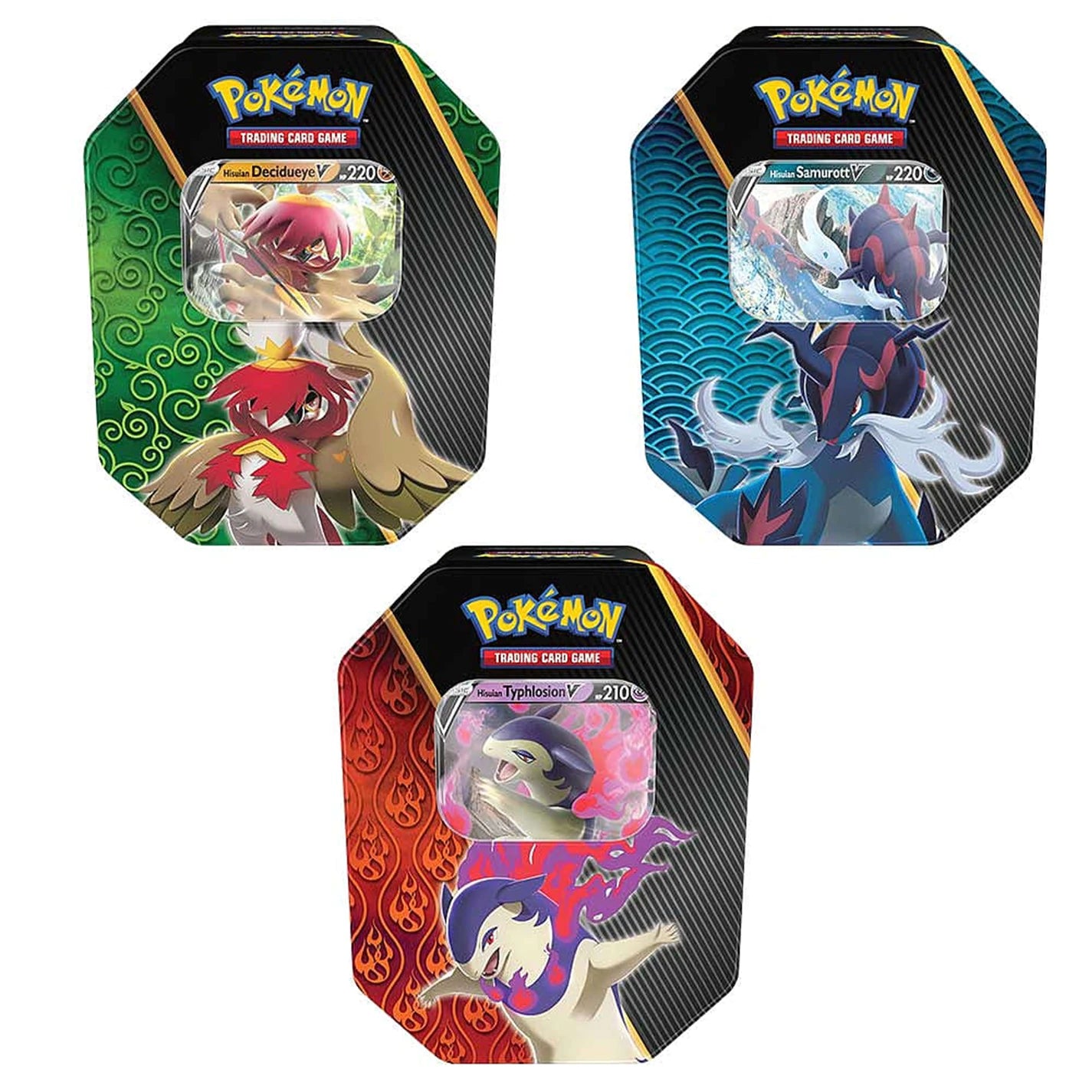 Pokemon - Divergent Powers Tins - Hisuian Decidueye V, Samurott V and Typhlosion V